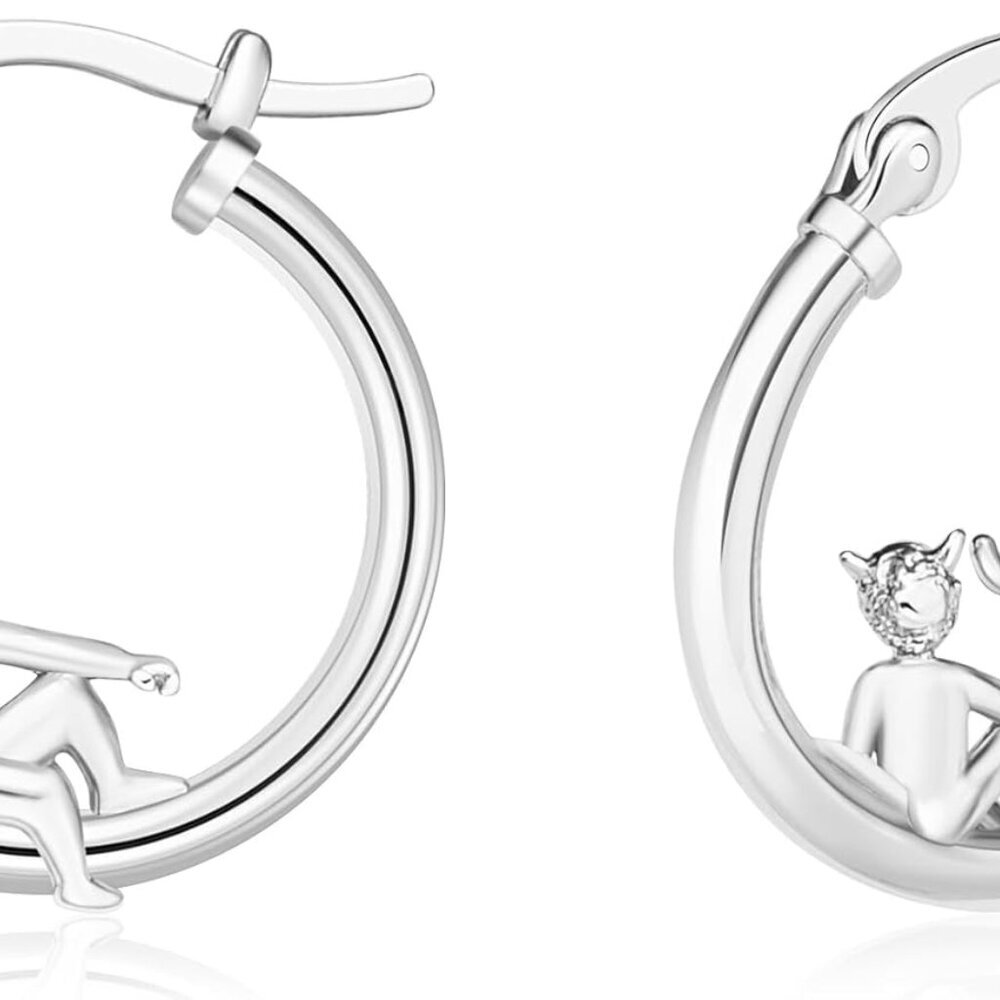 Silver mismatched angel devil hoop earrings for girls, 14K gold plated copper